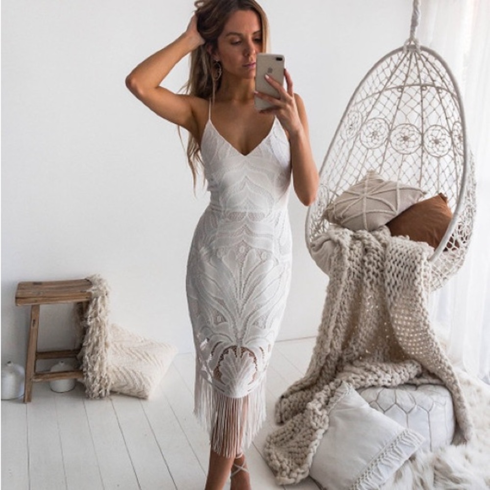 NWT Two sisters white lace dress with tassel trim.